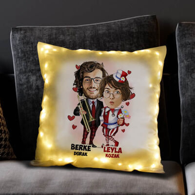 Neşeli Çiftler Karikatürlü Işıklı Yastık - 2