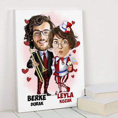Neşeli Çiftler Karikatürlü Kanvas Tablo - 1