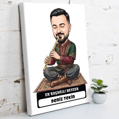 Neyzen Ustası Müzisyen Erkek Karikatürlü Kanvas Tablo - 1