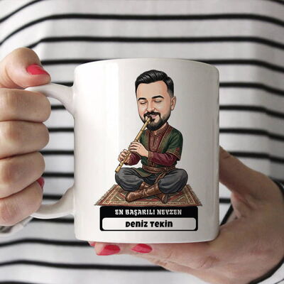 Neyzen Ustası Müzisyen Erkek Karikatürlü Kupa Bardak - 1