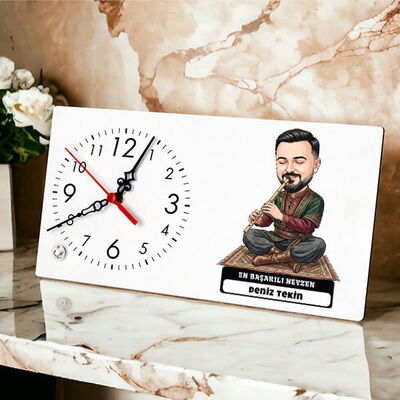 Neyzen Ustası Müzisyen Erkek Karikatürlü Masa Saati - 1