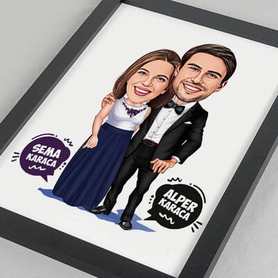 Nişanlı Çiftler Karikatürlü Resim Çerçevesi - 1