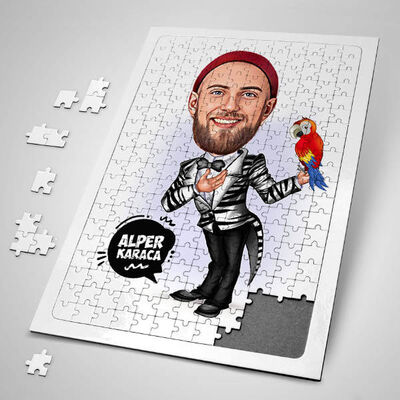 Papağanı Olan Erkek Karikatürlü Puzzle - 1