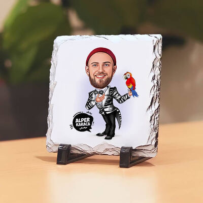 Papağanı Olan Erkek Karikatürlü Taş Baskı - 1