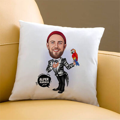 Papağanı Olan Erkek Karikatürlü Yastık - 1