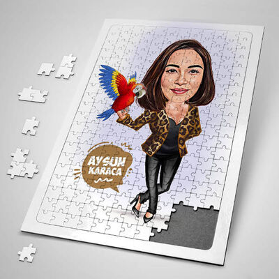 Papağanı Olan Kadın Karikatürlü Puzzle - 1