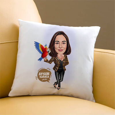 Papağanı Olan Kadın Karikatürlü Yastık - 1