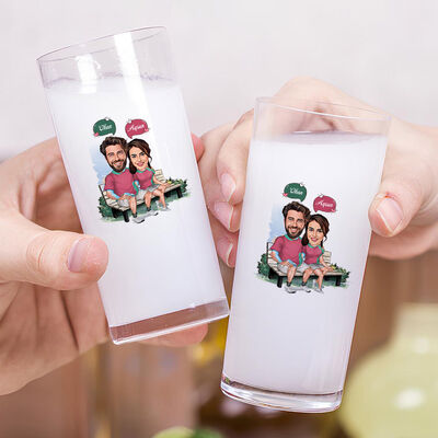 Parktaki Aşıklar Karikatürlü İkili Rakı Bardağı Seti - 2
