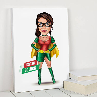 Pelerinli Süper Kahraman Kostümlü Kadın Karikatürlü Kanvas Tablo - 1
