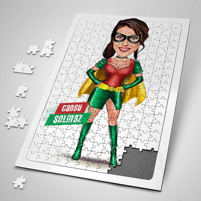 Pelerinli Süper Kahraman Kostümlü Kadın Karikatürlü Puzzle - 1