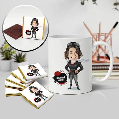 Pilot Kadın Karikatürlü Kupa ve Çikolata - 1