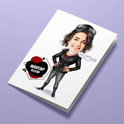 Pilot Kadın Karikatürlü Tebrik Kartı - 1