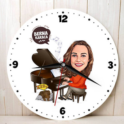 Piyanist Kadın Karikatürlü Duvar Saati - 1