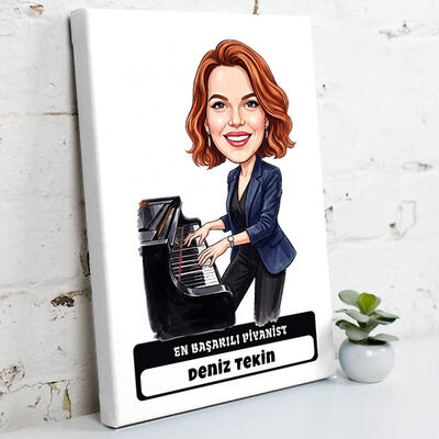 Piyanist Müzisyen Kadın Karikatürlü Kanvas Tablo - 1