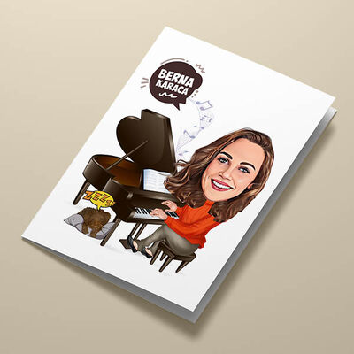 Piyano Çalan Kadın Karikatürlü Tebrik Kartı - 2