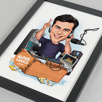 Radyo Programcısı Erkek Karikatürlü Resim Çerçevesi - 1