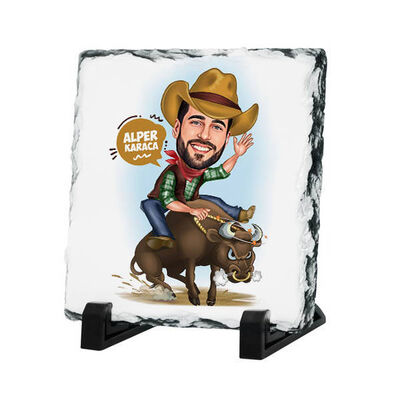 Rodeo Yapan Erkek Karikatürlü Taş Baskı - 1