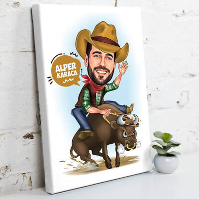 Rodeo Yapan Kovboy Karikatürlü Kanvas Tablo - 1