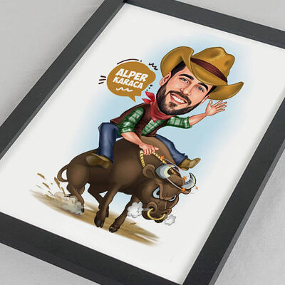 Rodeo Yapan Kovboy Karikatürlü Resim Çerçevesi - 1