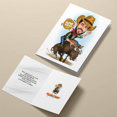 Rodeo Yapan Kovboy Karikatürlü Tebrik Kartı - 4