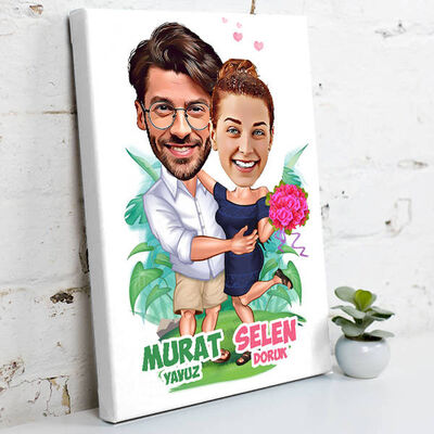 Romantik Aşıklar Karikatürlü Kanvas Tablo - 1