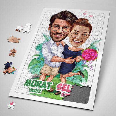 Romantik Aşıklar Karikatürlü Puzzle - 1