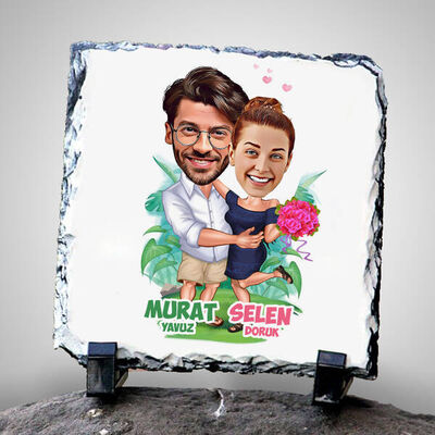Romantik Aşıklar Karikatürlü Taş Baskı - 1