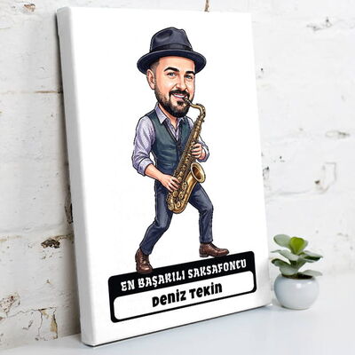 Saksafoncu Müzisyen Erkek Karikatürlü Kanvas Tablo - 1