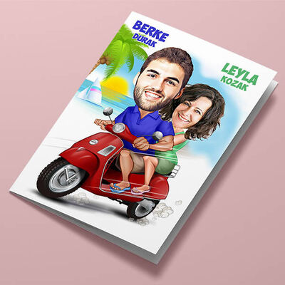 Scooter Süren Çiftler Karikatürlü Tebrik Kartı - 1