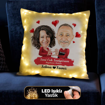Seni Seviyorum Karikatürlü Sevgili Işıklı Yastığı - 3
