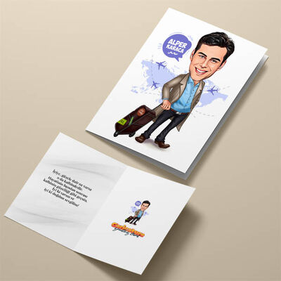 Seyahat Eden Erkek Karikatürlü Tebrik Kartı - 4