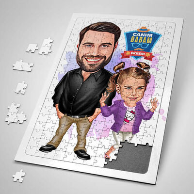 Şık Baba ve Kızı Karikatürlü Puzzle - 1