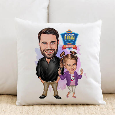 Şık Baba ve Kızı Karikatürlü Yastık - 1