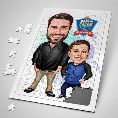 Şık Baba ve Oğlu Karikatürlü Puzzle - 1