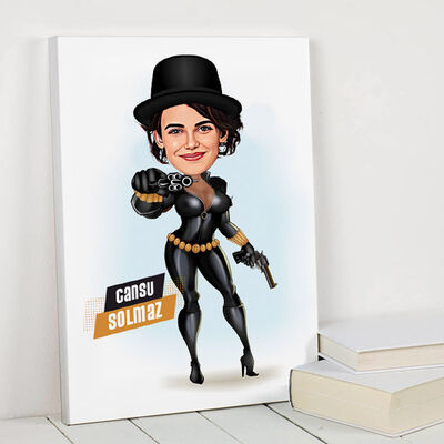 Silahlı Deri Kıyafetli Kadın Karikatürlü Kanvas Tablo - 1