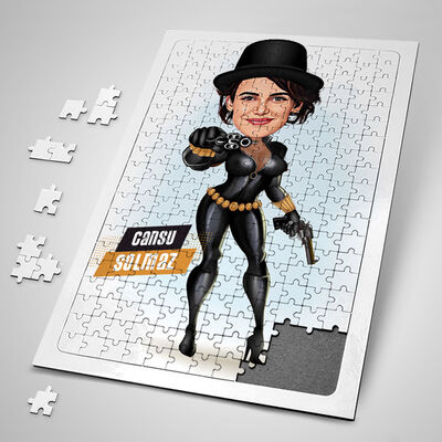 Silahlı Deri Kıyafetli Kadın Karikatürlü Puzzle - 1