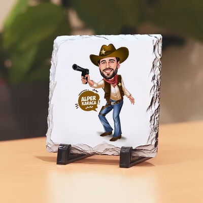 Silahlı Kovboy Erkek Karikatürlü Taş Baskı - 1