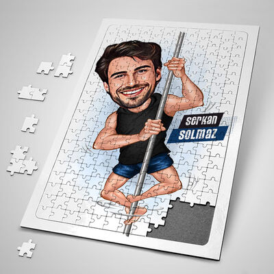 Sırıkla Atlayan Erkek Karikatürlü Puzzle - 1