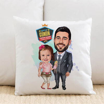 Şirin Kız ve Babası Karikatürlü Yastık - 1