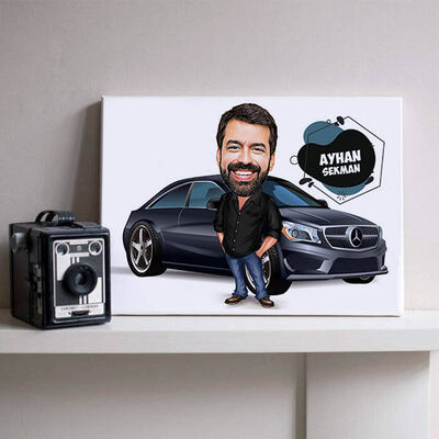 Siyah Araba Önündeki Erkek Karikatürlü Kanvas - 1