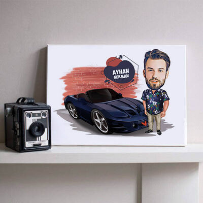 Siyah Spor Araba ve Ben Karikatürlü Kanvas - 1