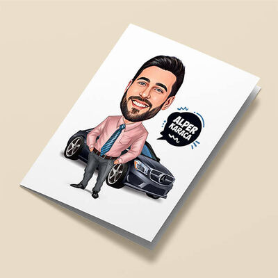 Siyah Spor Arabalı Erkek Karikatürlü Tebrik Kartı - 1
