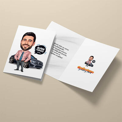Siyah Spor Arabalı Erkek Karikatürlü Tebrik Kartı - 3