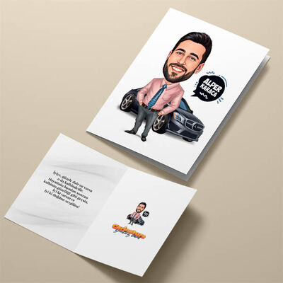 Siyah Spor Arabalı Erkek Karikatürlü Tebrik Kartı - 4