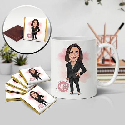 Siyah Takım Elbiseli Kadın Karikatürlü Kupa ve Çikolata - 1