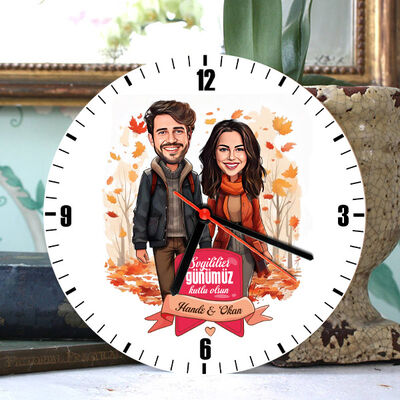 Sonbahar Yaprakları ve Aşkımız Karikatürlü Duvar Saati - 1