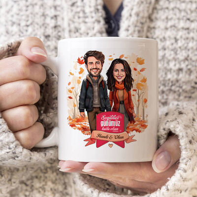 Sonbahar Yaprakları ve Aşkımız Karikatürlü Kupa Bardak - 1