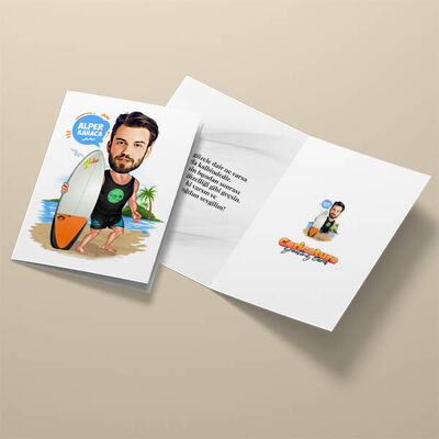 Sörf Yapan Erkek Karikatürlü Tebrik Kartı - 3