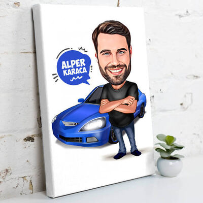 Spor Araba Aşığı Erkek Karikatürlü Kanvas Tablo - 2
