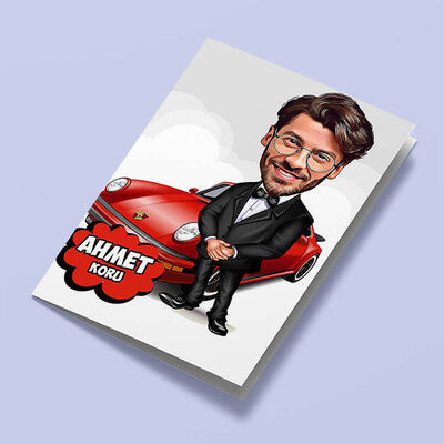 Spor Arabalı Erkek Karikatürlü Tebrik Kartı - 1